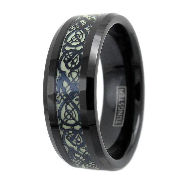 Stunning Black Tungsten Ring with Black Celtic Dragon on Glow in the Dark Background.