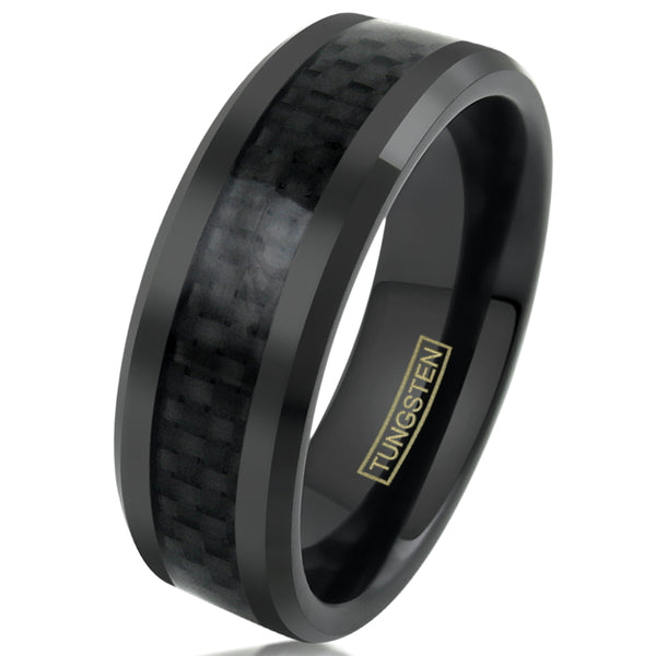 Black Tungsten Ring w/ Black Faux Carbon Fiber Inlay. Wholesale Tungsten Rings - Wedding Bands. White Photo.