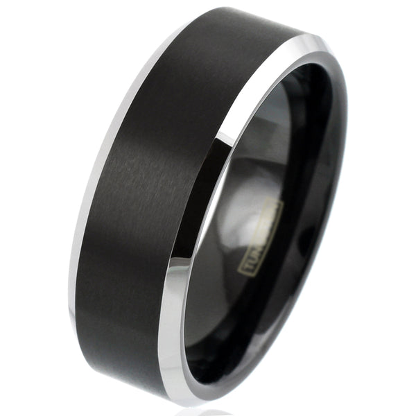 Brushed Finish Tungsten Band with Silver Beveled Edges | Wholesale Tungsten Rings - Wedding Bands | White Tilted Photo