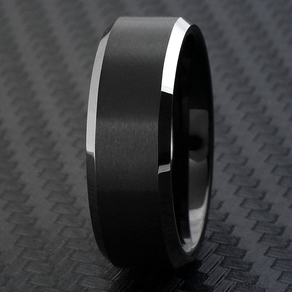 Brushed Finish Tungsten Band with Silver Beveled Edges | Wholesale Tungsten Rings - Wedding Bands | Carbon Fiber Photo
