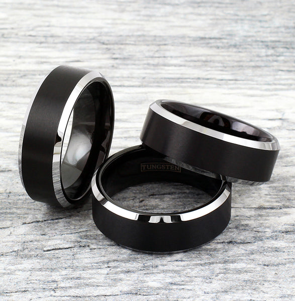 Brushed Finish Tungsten Band with Silver Beveled Edges | Wholesale Tungsten Rings - Wedding Bands | Trio Marble Photo