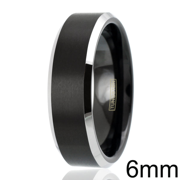 Brushed Finish Tungsten Band with Silver Beveled Edges | Wholesale Tungsten Rings - Wedding Bands | 6mm White Upright Photo