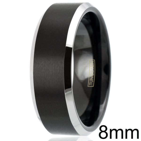 Brushed Finish Tungsten Band with Silver Beveled Edges | Wholesale Tungsten Rings - Wedding Bands | 8mm White Upright Photo