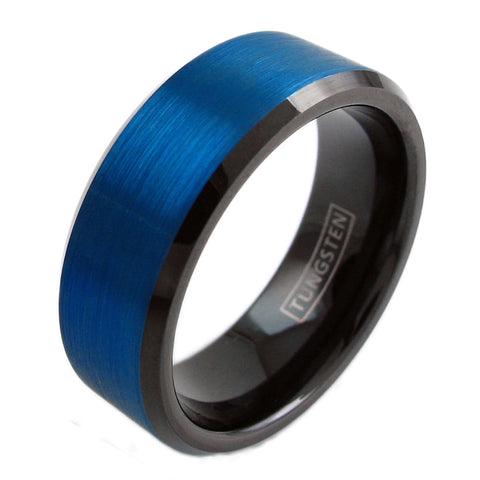 Black tungsten ring w/ cobalt blue brushed band & beveled edges | Wholesale tungsten rings - wedding bands | Diagonal photo