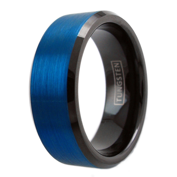 Black tungsten ring w/ cobalt blue brushed band & beveled edges | Wholesale tungsten rings - wedding bands | Upright photo