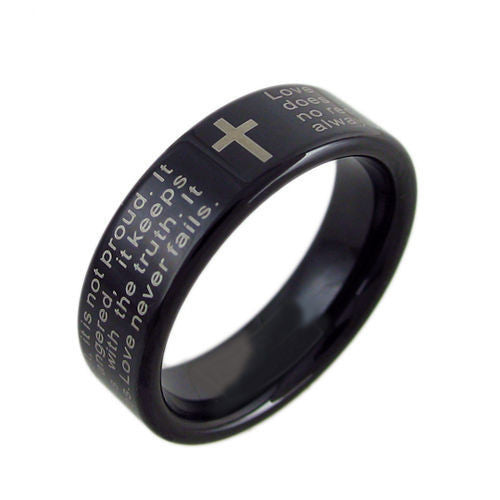 Black tungsten ring with 1st Corinthians Bible Verse. Wholesale tungsten rings | tungsten wedding bands. Diagonal1 photo.