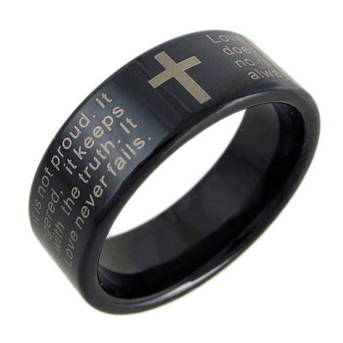 Black tungsten ring with 1st Corinthians Bible Verse. Wholesale tungsten rings | tungsten wedding bands. Diagonal2 photo.