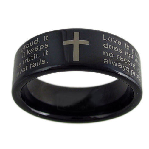 Black tungsten ring with 1st Corinthians Bible Verse. Wholesale tungsten rings | tungsten wedding bands. Flat1 photo.