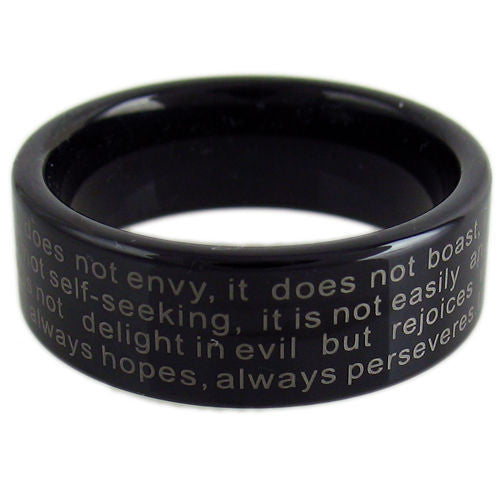 Black tungsten ring with 1st Corinthians Bible Verse. Wholesale tungsten rings | tungsten wedding bands. Flat2 photo.
