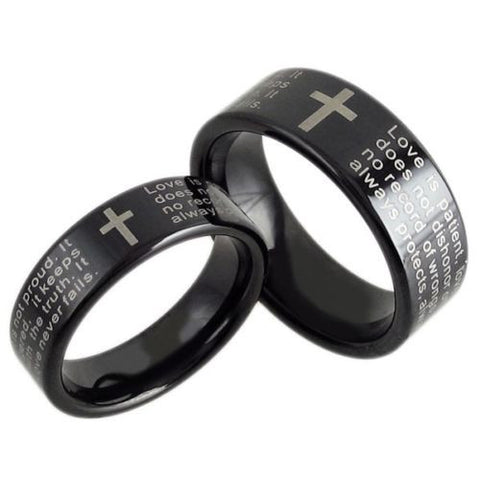 Black tungsten ring with 1st Corinthians Bible Verse. Wholesale tungsten rings | tungsten wedding bands. Duo photo.