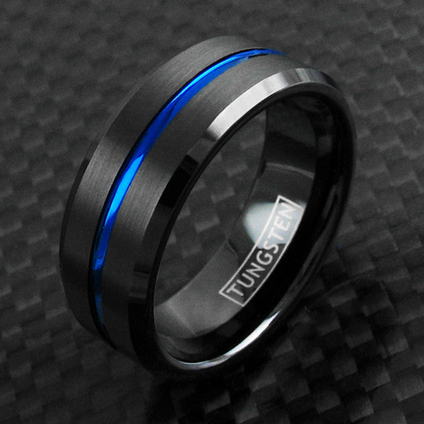 Black tungsten ring w/ thin blue line stripe & beveled edges | Wholesale Tungsten Rings - Wedding Bands | Carbon photo