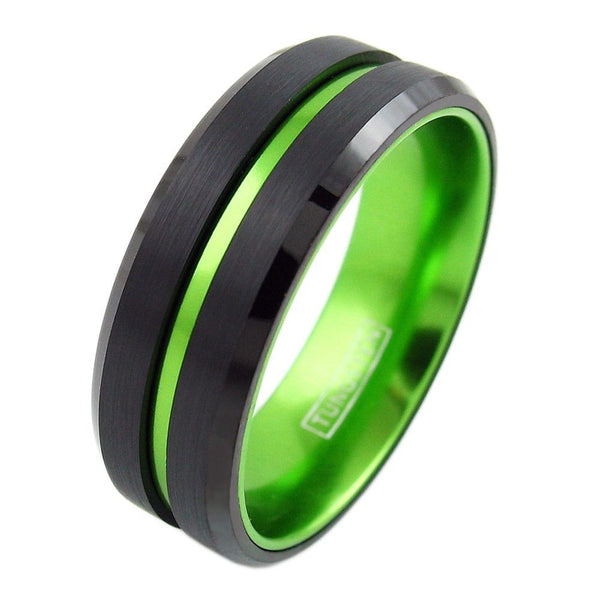Luscious Black Tungsten Ring with Lime Green Stripe & Lime Green Anodized Aluminum Inner Band, with Beveled Edges.