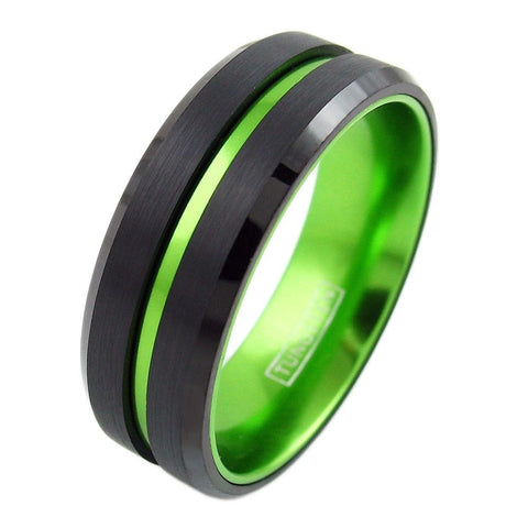 Luscious Black Tungsten Ring with Lime Green Stripe & Lime Green Anodized Aluminum Inner Band, with Beveled Edges.