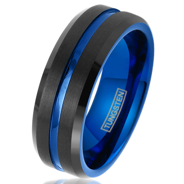 Black tungsten ring w/ Blue stripe & inner band | Beveled edges | Wholesale tungsten rings - wedding bands | 8mm white photo