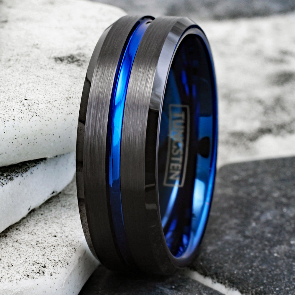 Black Tungsten Ring w/ Blue Stripe & Inner Band, Beveled Edges