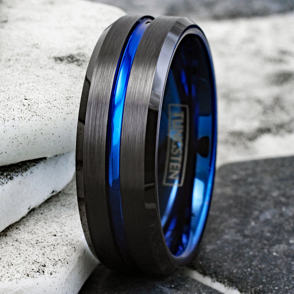 Dazzling Black Tungsten Ring with Cobalt Blue Stripe, Cobalt Blue Inner Band, and Beveled Edges. For men and women. Couple Ring