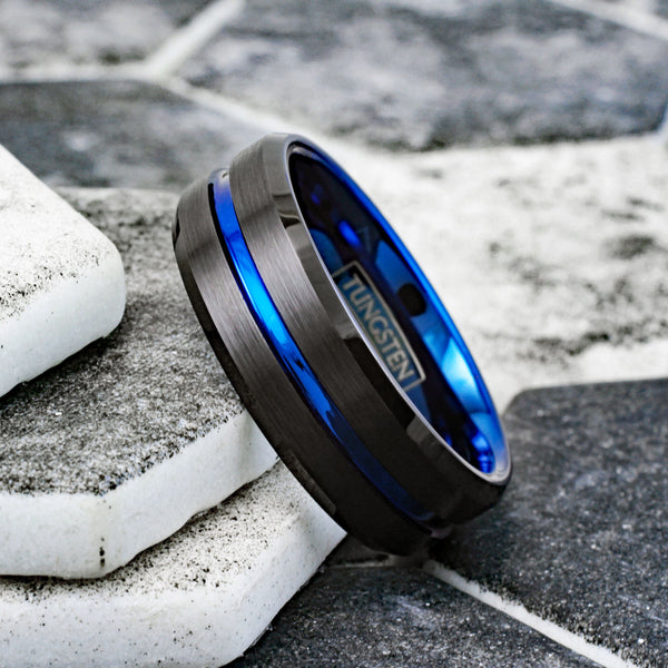 Dazzling Black Tungsten Ring with Cobalt Blue Stripe, Cobalt Blue Inner Band, and Beveled Edges. For men and women. Couple Ring
