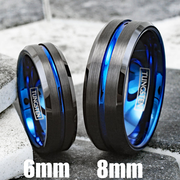Dazzling Black Tungsten Ring with Cobalt Blue Stripe, Cobalt Blue Inner Band, and Beveled Edges. For men and women. Couple Ring