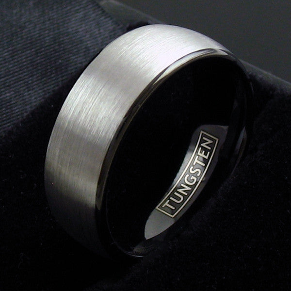 Two tone tungsten ring | Bold black inside | Silver exterior | Wholesale tungsten rings - Wedding bands | Black photo