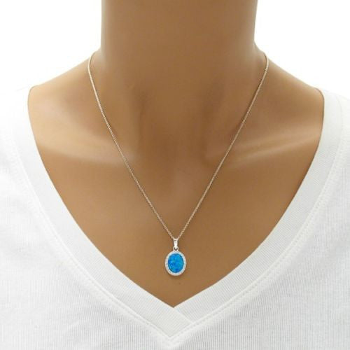 Dazzling Blue Created Opal 0.22 Carat CZ Oval Pendant | Wholesale 925 Sterling Silver Jewelry | Alternate