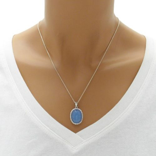 Glamorous Blue Jade 0.60 Carat CZ Edge Oval Pendant | Wholesale 925 Sterling Silver Jewelry | Alternate