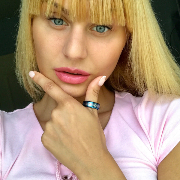 Beautiful Blue Tungsten Ring with Silver Celtic Dragon on Cobalt Blue Inlay