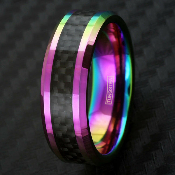 Rainbow colored tungsten carbide ring w/ black black faux carbon fiber inlay | Wholesale tungsten carbide rings - wedding bands | black photo
