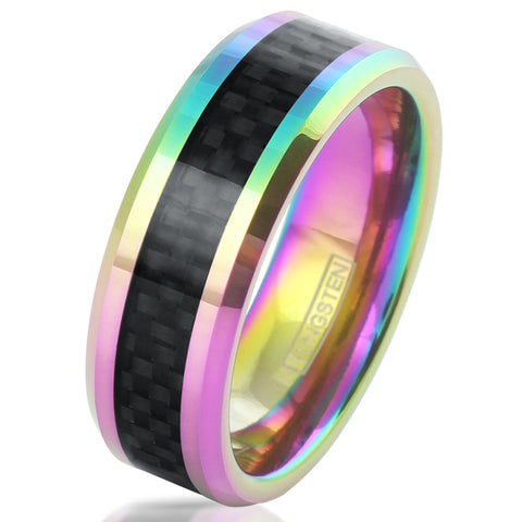 Rainbow colored tungsten carbide ring w/ black black faux carbon fiber inlay | Wholesale tungsten carbide rings - wedding bands | white photo