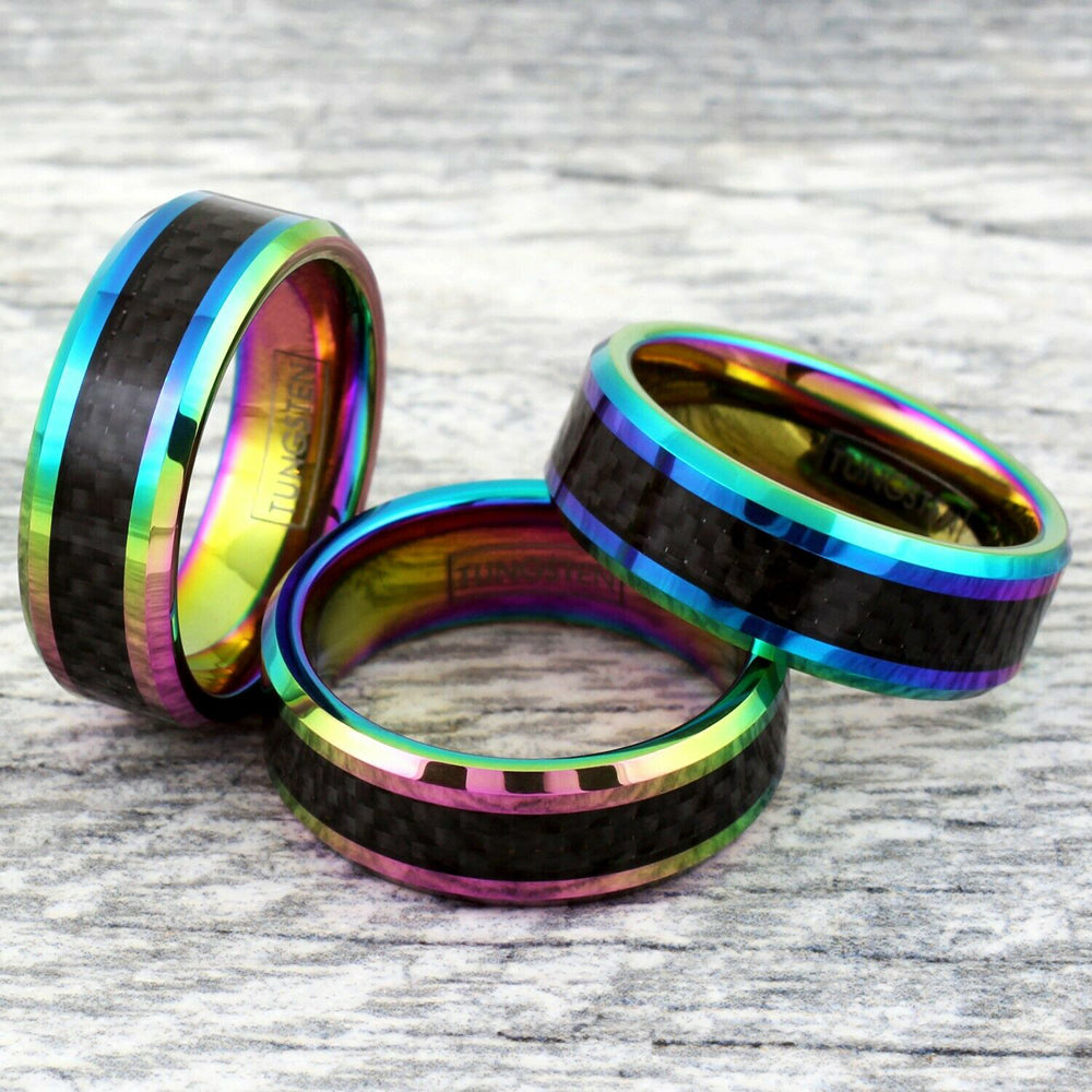 Rainbow Tungsten Carbide Band w/ Black Carbon Fiber - 925Express