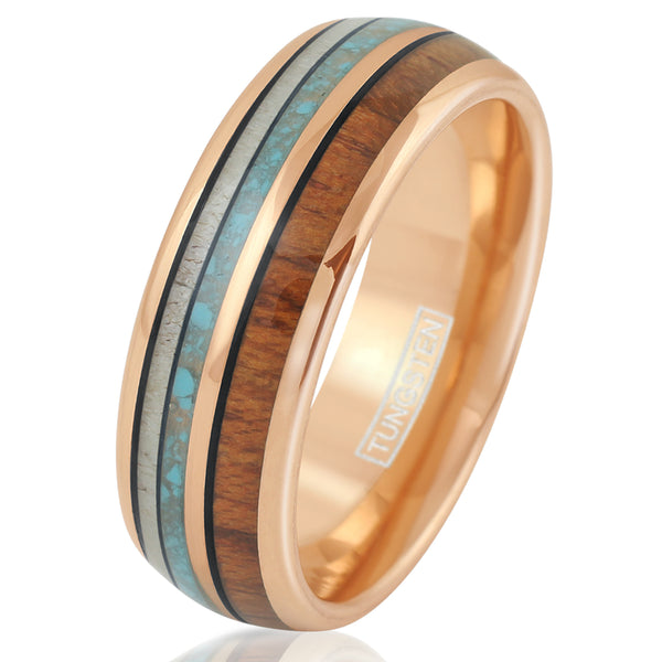 Rose Gold Tungsten Ring | Deer Antler Turquoise Koa Wood Inlays | Wholesale tungsten rings - wedding bands | White photo