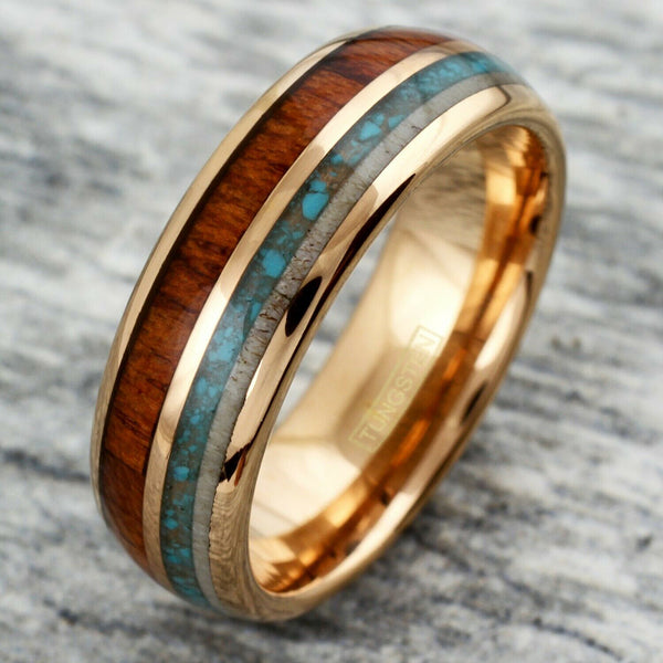 Rose Gold Tungsten Ring | Deer Antler Turquoise Koa Wood Inlays | Wholesale tungsten rings - wedding bands | Marble photo