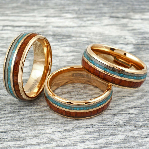Rose Gold Tungsten Ring | Deer Antler Turquoise Koa Wood Inlays | Wholesale tungsten rings - wedding bands | Group photo