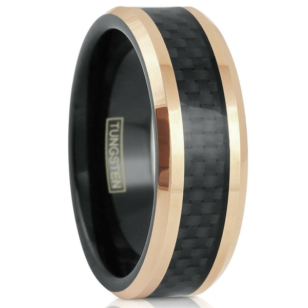 rose gold tungsten carbide ring w/ black black faux carbon fiber inlay | Wholesale tungsten carbide rings - wedding bands | white photo