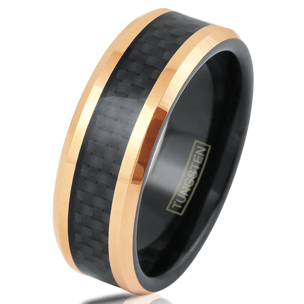 rose gold tungsten carbide ring w/ black black faux carbon fiber inlay | Wholesale tungsten carbide rings - wedding bands | white tilted photo