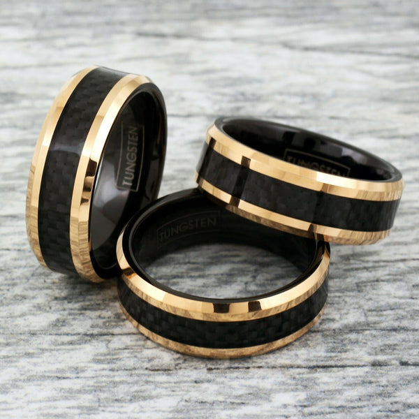 rose gold tungsten carbide ring w/ black black faux carbon fiber inlay | Wholesale tungsten carbide rings - wedding bands | group photo