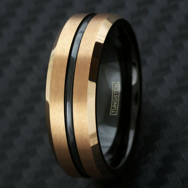 rose gold tungsten carbide ring w/ black stripe & black inner band | Wholesale tungsten carbide rings - wedding bands | black photo