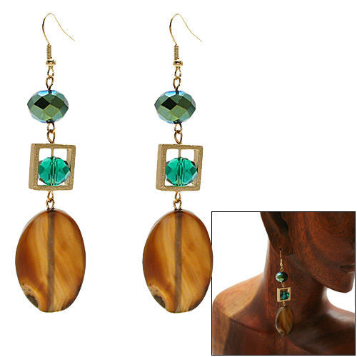 Oval brown stone with framed teal crystal on long hook earrings | Wholesale Fashion Jewelry | Combo photo