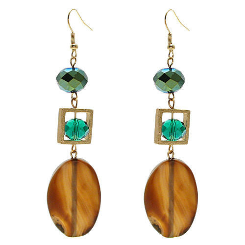 Oval brown stone with framed teal crystal on long hook earrings | Wholesale Fashion Jewelry | Item photo