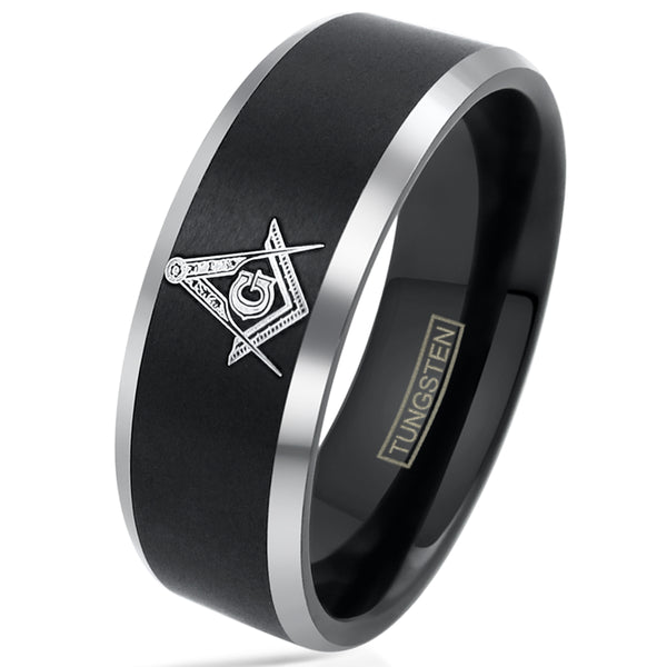 Beautiful Black Tungsten Band Ring with Masonic (Freemason) Symbol in Gold
