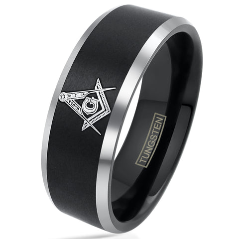 Beautiful Black Tungsten Band Ring with Masonic (Freemason) Symbol in Gold