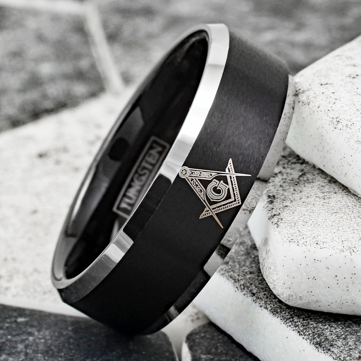 Black Tungsten Ring w Gold Masonic Symbol. Wholesale 925Express