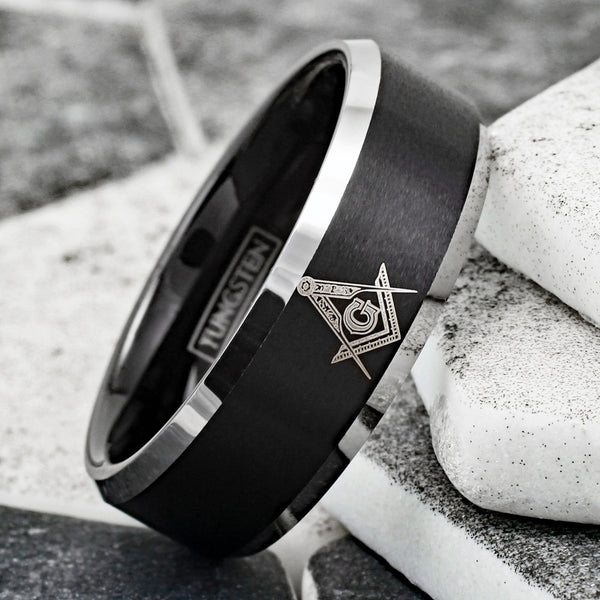 Beautiful Black Tungsten Band Ring with Masonic (Freemason) Symbol in Gold