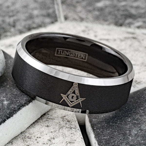 Beautiful Black Tungsten Band Ring with Masonic (Freemason) Symbol in Gold