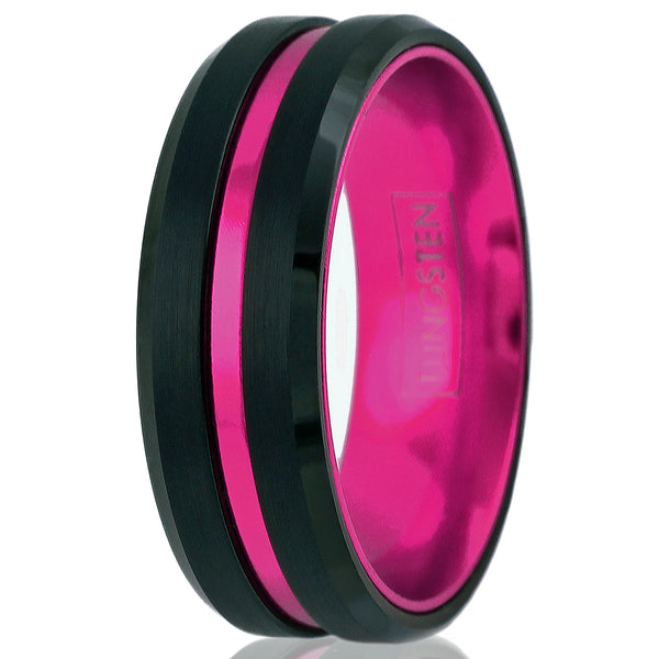 Black tungsten ring | pink anodized aluminum inner band & stripe | Beveled edges | Wholesale tungsten rings - wedding bands | Upright photo