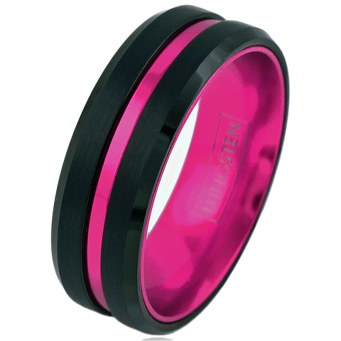 Black tungsten ring | pink anodized aluminum inner band & stripe | Beveled edges | Wholesale tungsten rings - wedding bands | Slanted photo