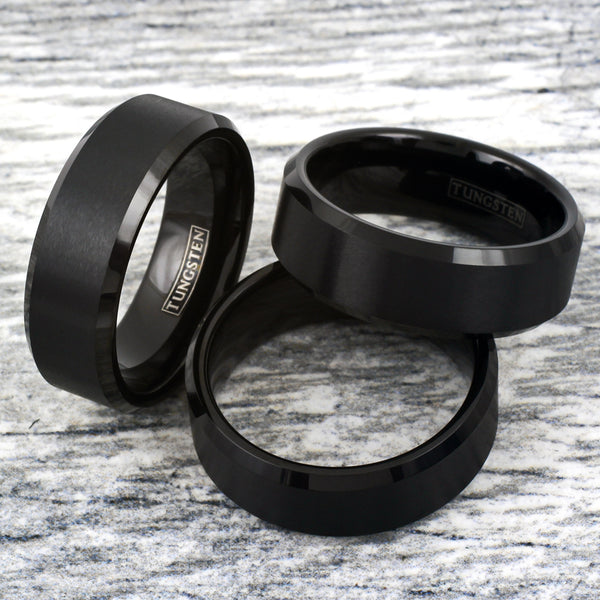 Brushed Finish Black Beveled Edge Tungsten Ring | Wholesale Tungsten Rings - Wedding Bands | Group photo