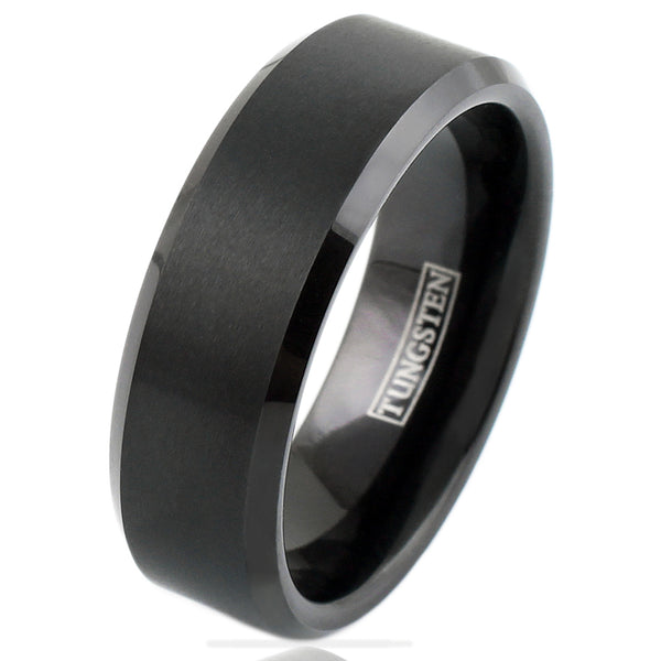Brushed Finish Black Beveled Edge Tungsten Ring | Wholesale Tungsten Rings - Wedding Bands | White photo