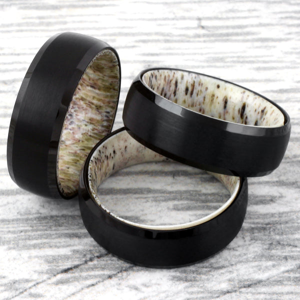 black brushed finish tungsten ring w/ deer antler inner band & beveled edges | Wholesale tungsten rings - wedding bands | triple ring photo