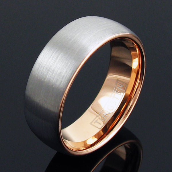 Silver brushed finish tungsten ring w/ rose gold inner band | Wholesale Tungsten Rings & Wedding Bands | 8mm Black Photo