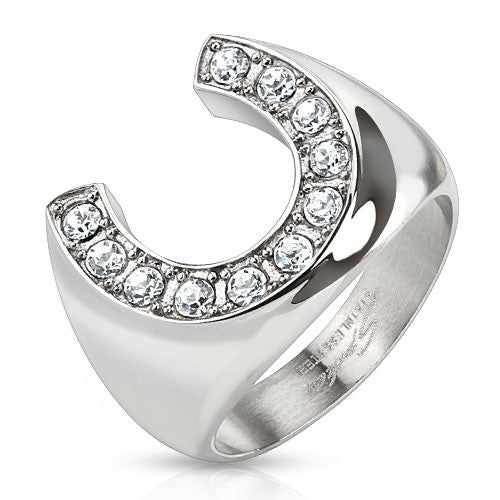 Lucky horseshoe cast stainless steel ring with CZ rim | Wholesale Jewelry